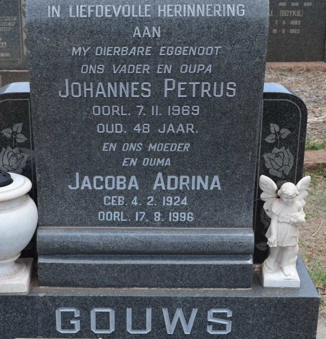 GOUWS Johannes Petrus -1969 &amp; Jacoba Adrina 1929-1996