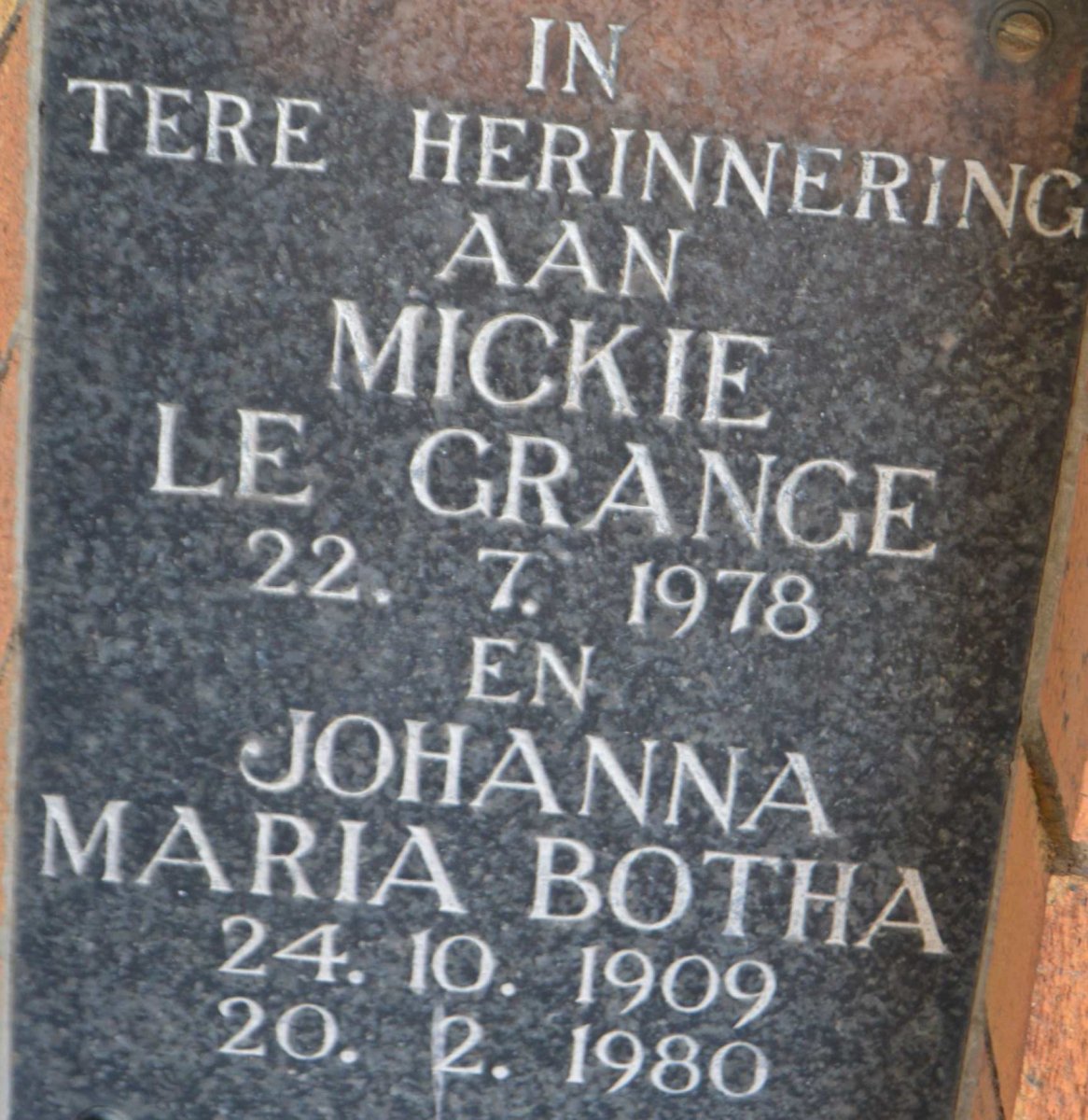 GRANGE Mickie, le -1978 :: BOTHA Johanna Maria 1909-1980