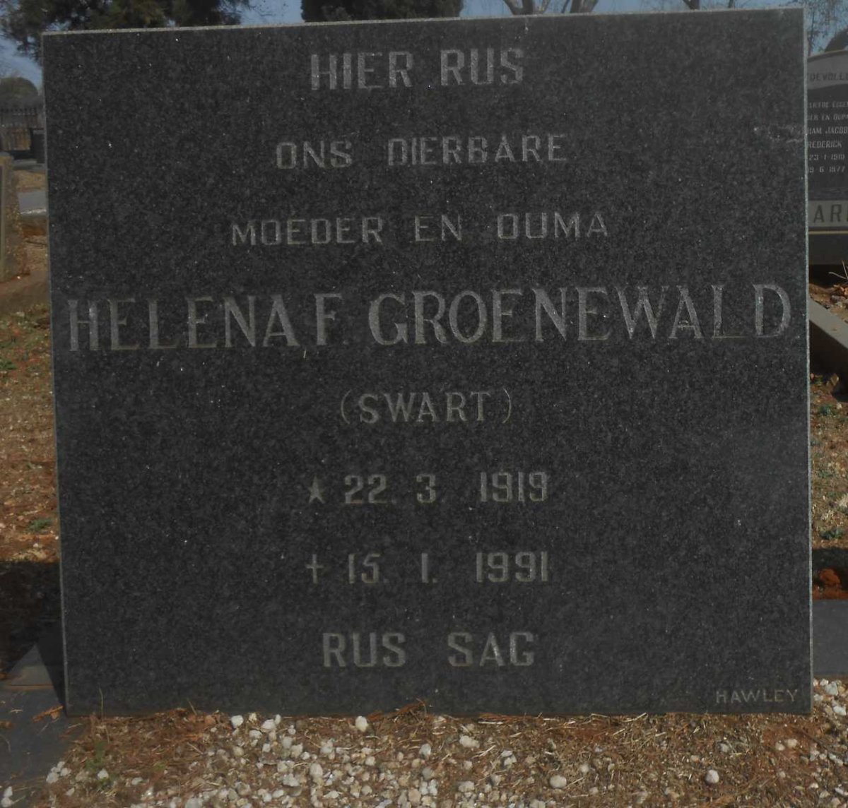 GROENEWALD Helena F. nee SWART 1919-1991