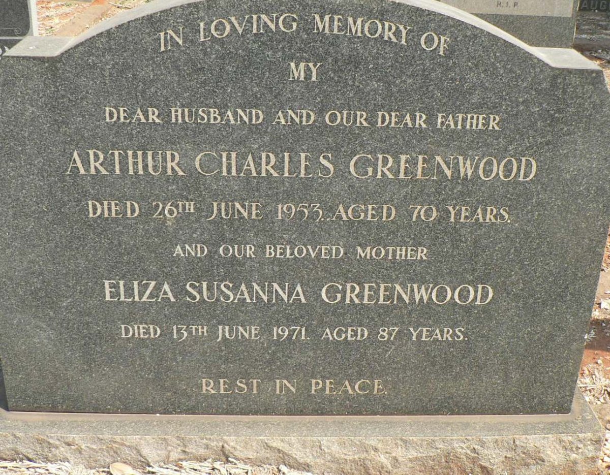 GREENWOOD Arthur Charles -1953 &amp; Eliza Susanna -1971