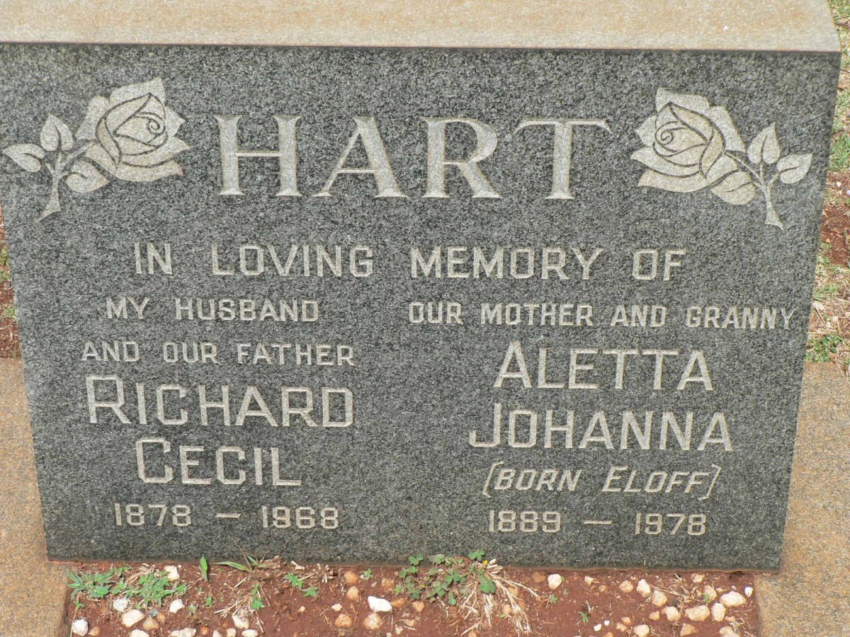 HART Richard Cecil 1878-1968 &amp; Aletta Johanna ELOFF 1889-1978