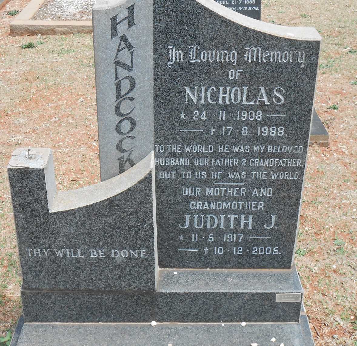 HANDCOCK Nicholas 1908-1988 &amp; Judith J. 1917-2005