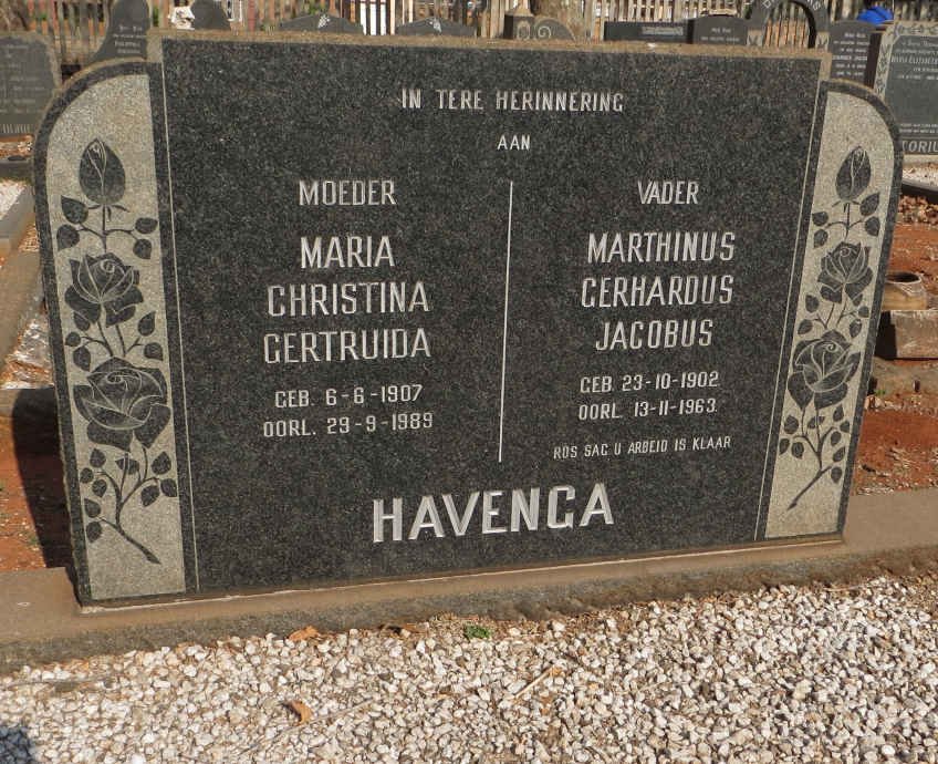 HAVENGA Marthinus Gerhardus Jacobus 1902-1963 &amp; Maria Christina Gertruida 1907-1989