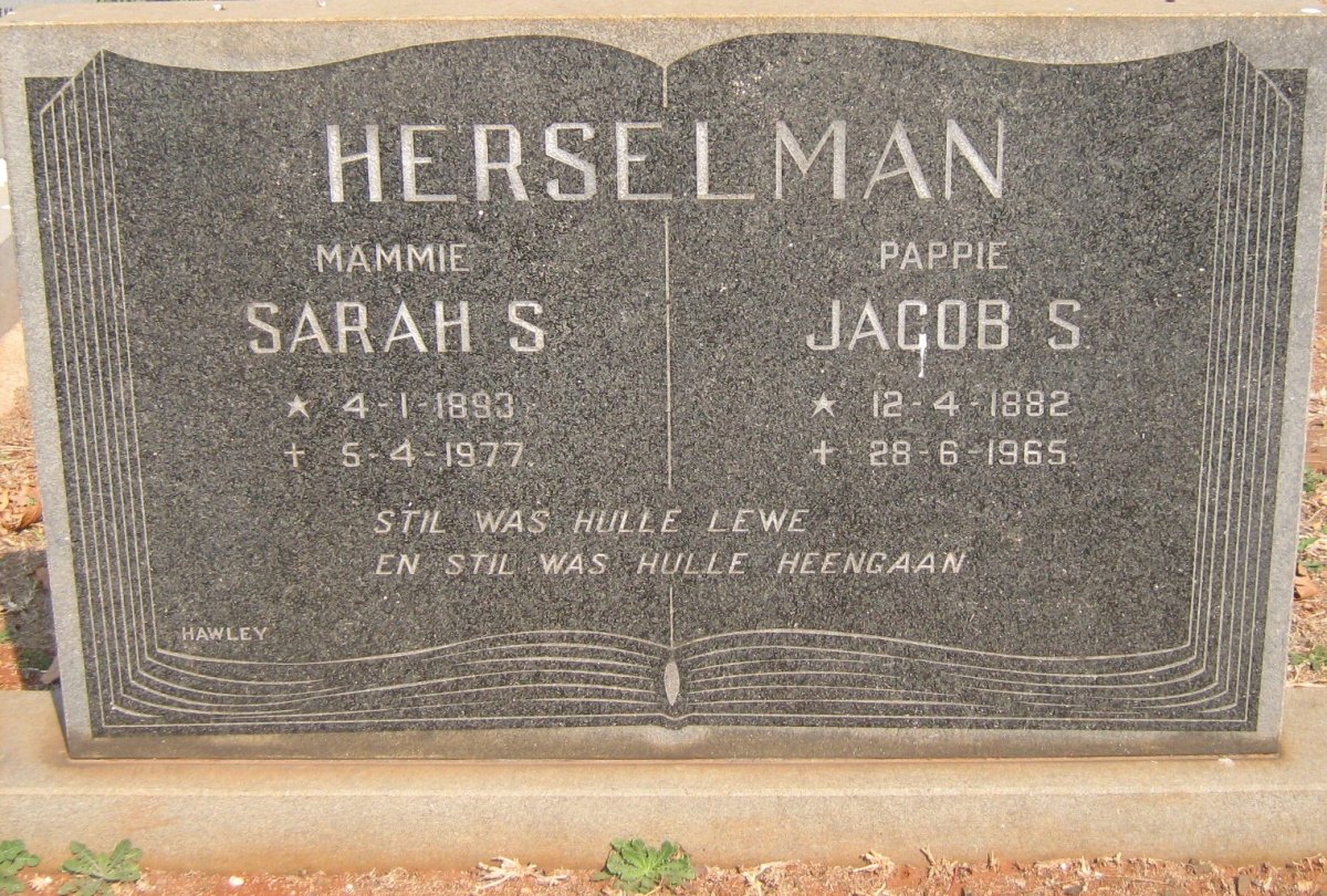 HERSELMAN Jacob S. 1882-1965 &amp; Sarah S. 1893-1977