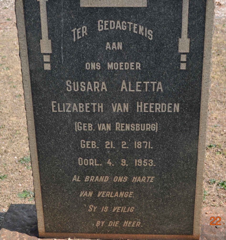 HEERDEN Susara Aletta Elizabeth, van nee VAN RENSBURG 1871-1953