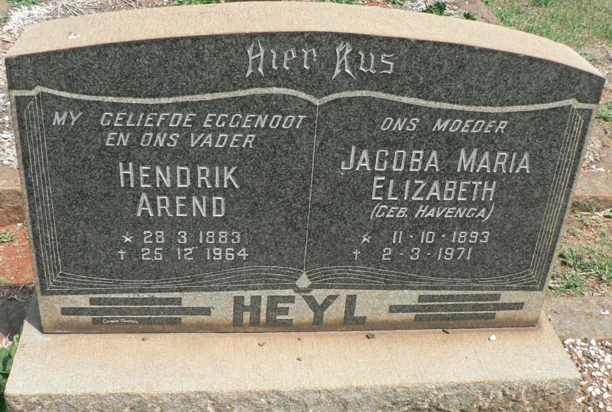 HEYL Hendrik Arend 1883-1964 &amp; Jacoba Maria Elizabeth HAVENGA 1893-1971