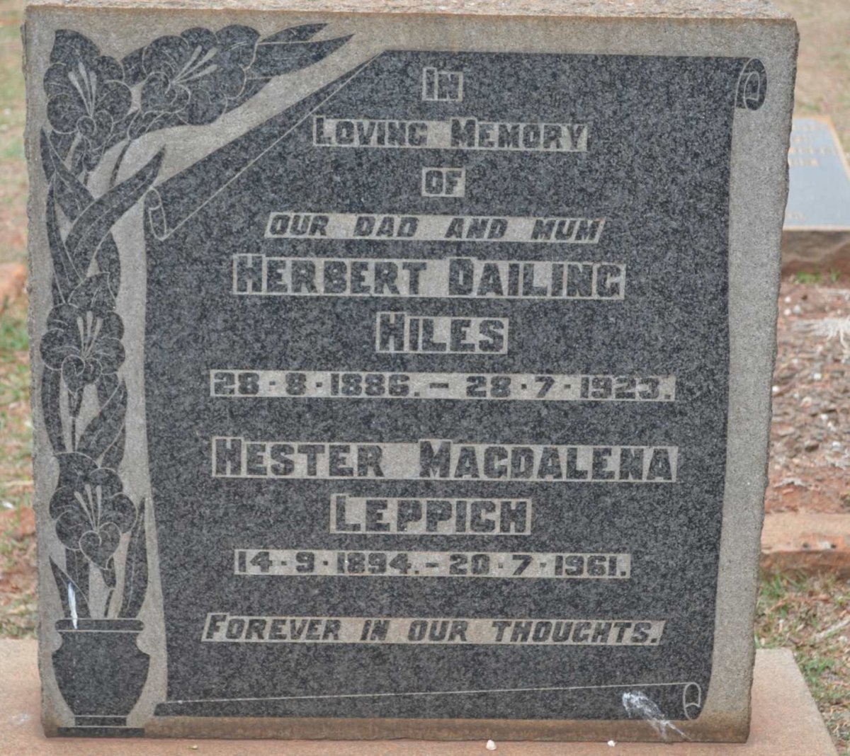 HILES Herbert Dailing 1886-1923 &amp; LEPPICH Hester Magdalena 1894-1961