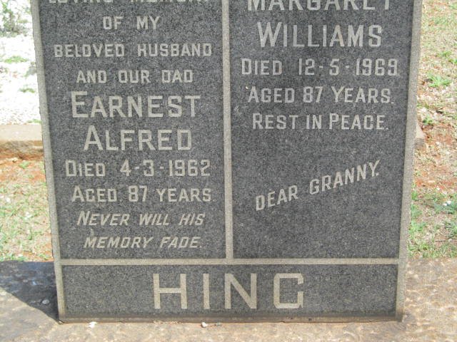 HING Earnest Alfred -1962 &amp; Margaret WILLIAMS -1969