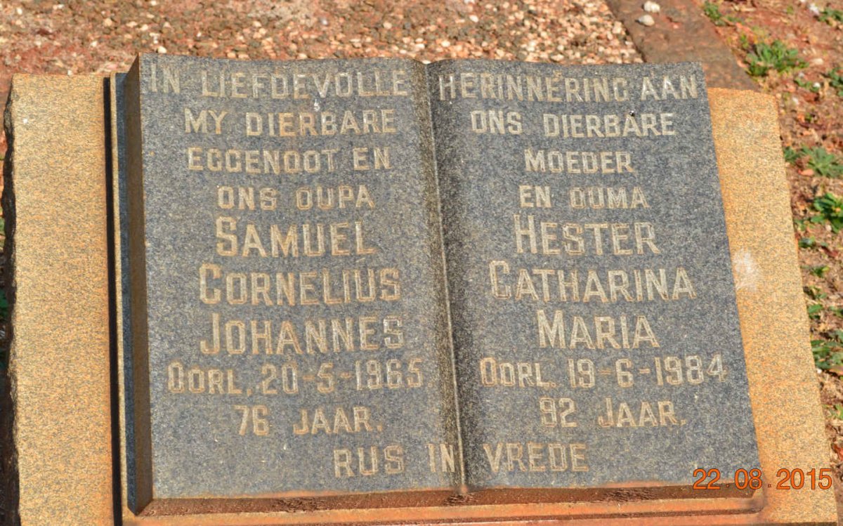 HOLLIDAY Samuel Cornelius Johannes -1965 &amp; Hester Catharina Maria -1984