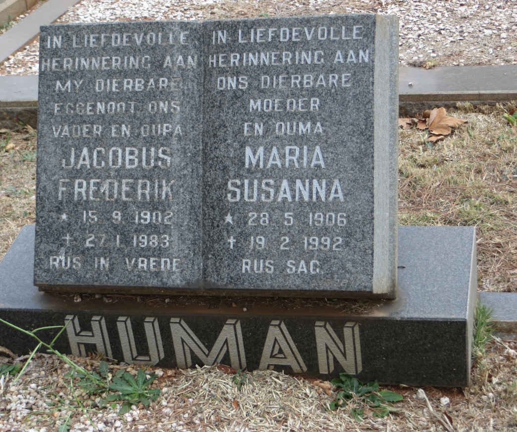 HUMAN Jacobus Frederik 1902-1983 &amp; Maria Susanna 1906-1992