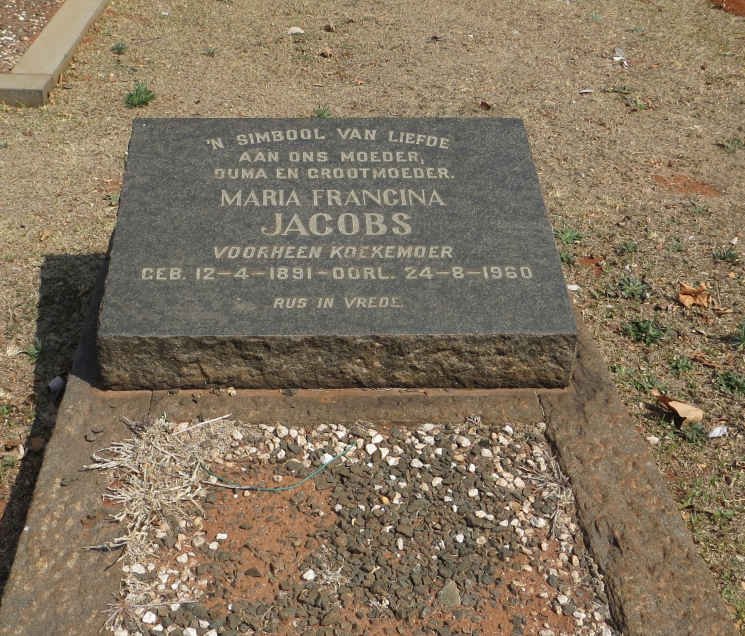 JACOBS Maria Francina voorheen KOEKEMOER 1891-1960