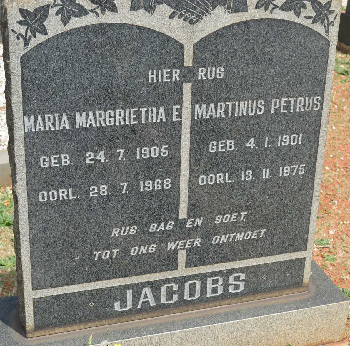 JACOBS Martinus Petrus 1901-1975 &amp; Maria Margrietha E. 1905-1968