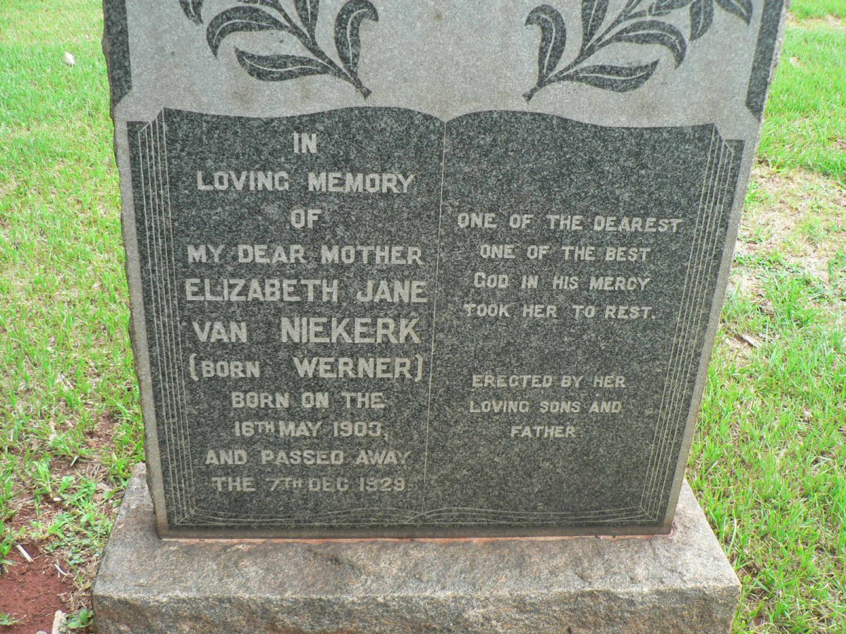 NIEKERK Elizabeth Jane, van nee WERNER 1903-1929
