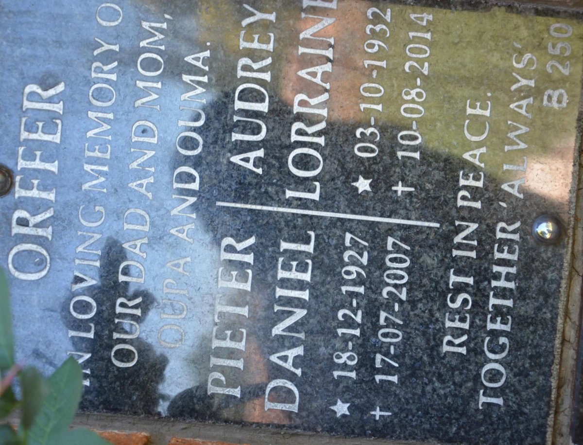 ORFFER Pieter Daniel 1927-2007 &amp; Audrey Lorraine 1932-2014