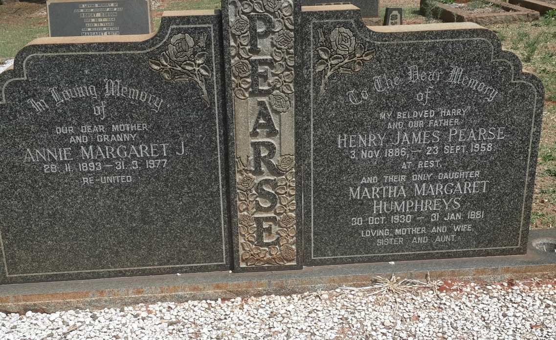 PEARSE Henry James 1886-1958 &amp; Annie Margaret J. 1893-1977 :: HUMPHREYS Martha Margaret nee PEARSE 1930-1981