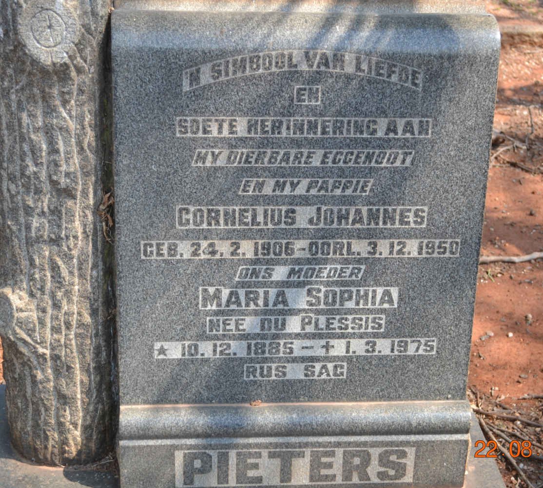 PIETERS Cornelius Johannes 1906-1950 &amp; Maria Sophia DU PLESSIS 1885-1975