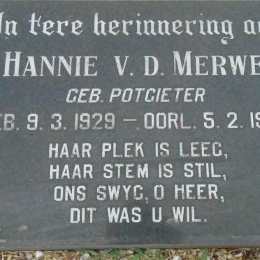 MERWE Hannie, v.d. nee POTGIETER 1929-1982