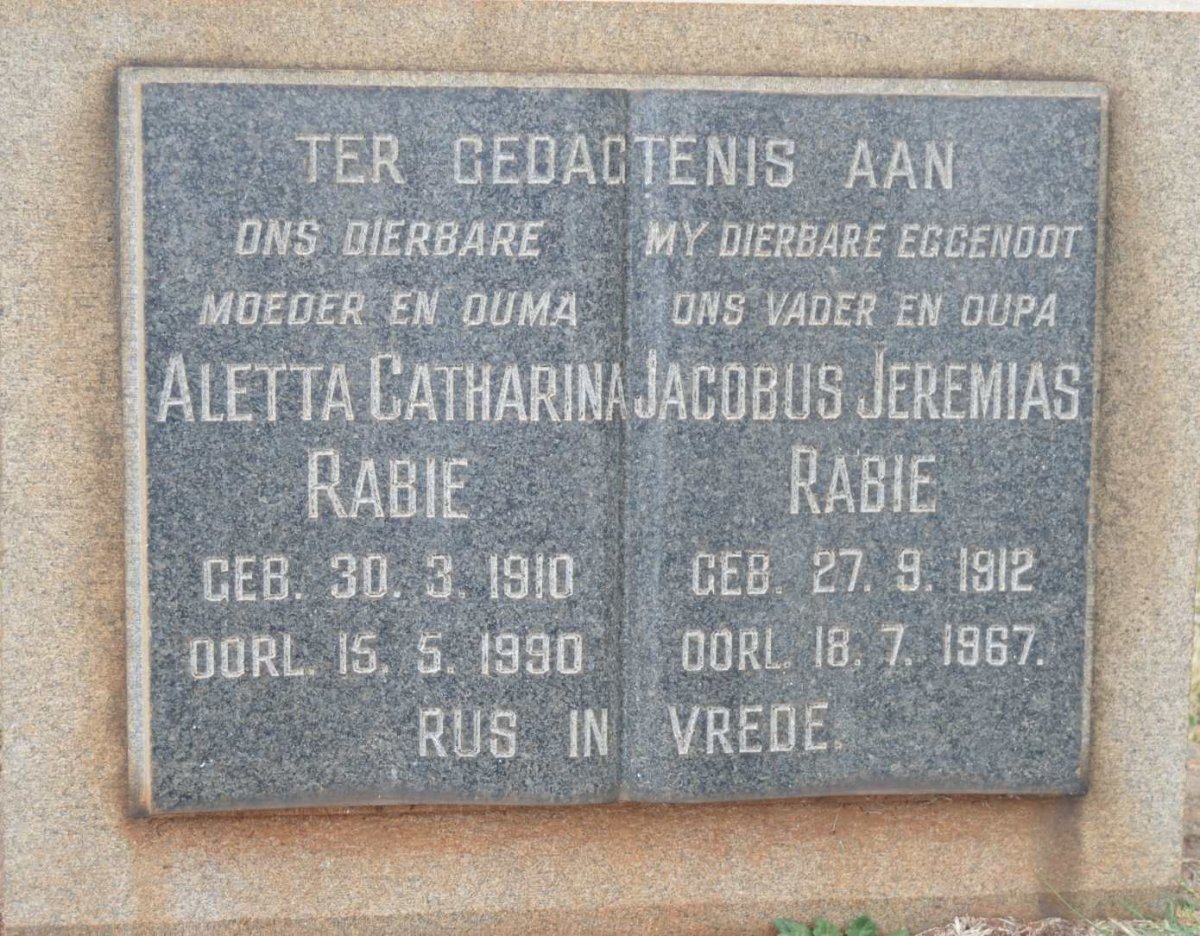 RABIE Jacobus Jeremias 1912-1967 &amp; Aletta Catharina 1910-1990