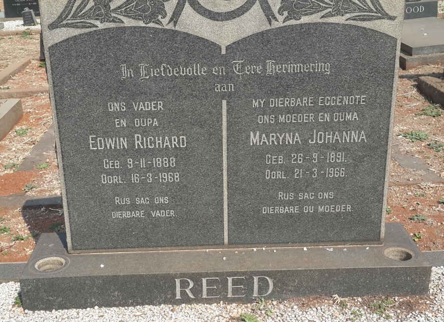 REED Edwin Richard 1888-1968 &amp; Maryna Johanna 1891-1966