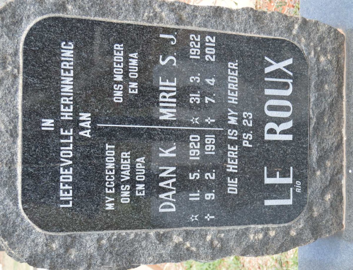 ROUX Daan K., le 1920-1991 &amp; Mirie S.J. 1922-2012