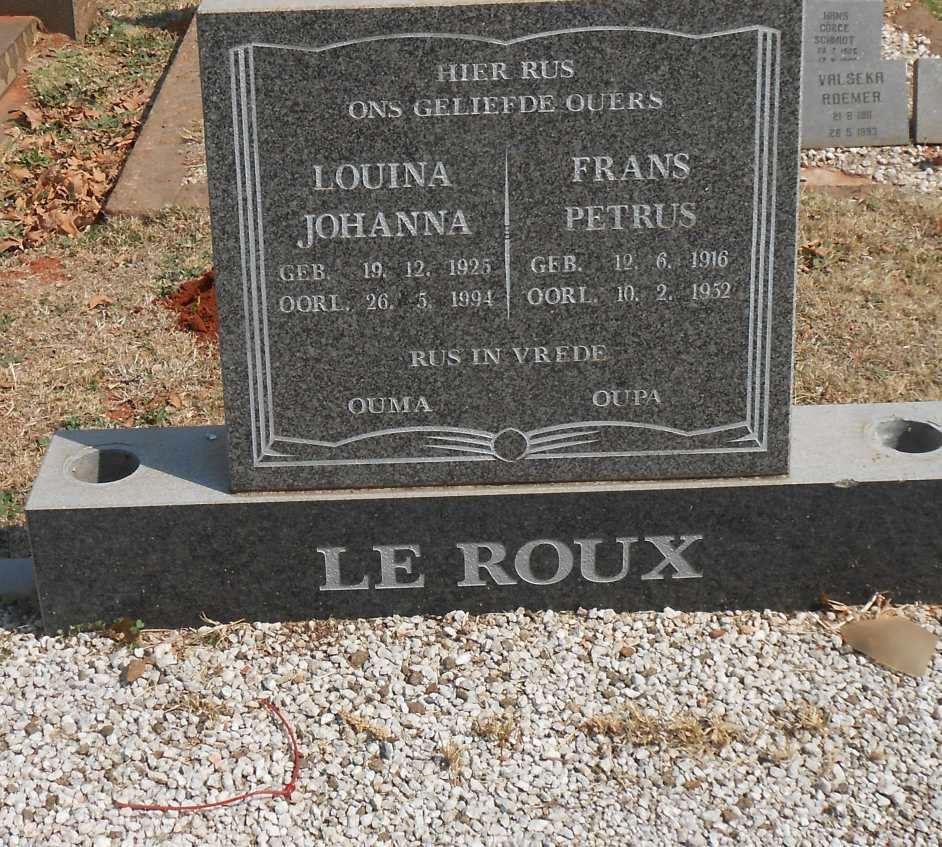 ROUX Frans Petrus, le 1916-1952 &amp; Louina Johanna 1925-1994