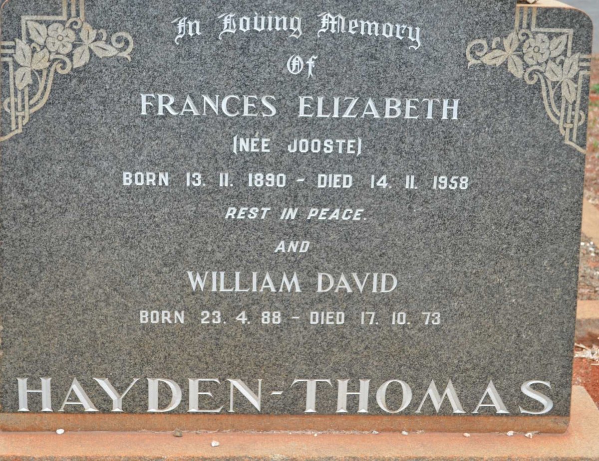 THOMAS William David, Hayden 1888-1973 &amp; Frances Elizabeth JOOSTE 1890-1958
