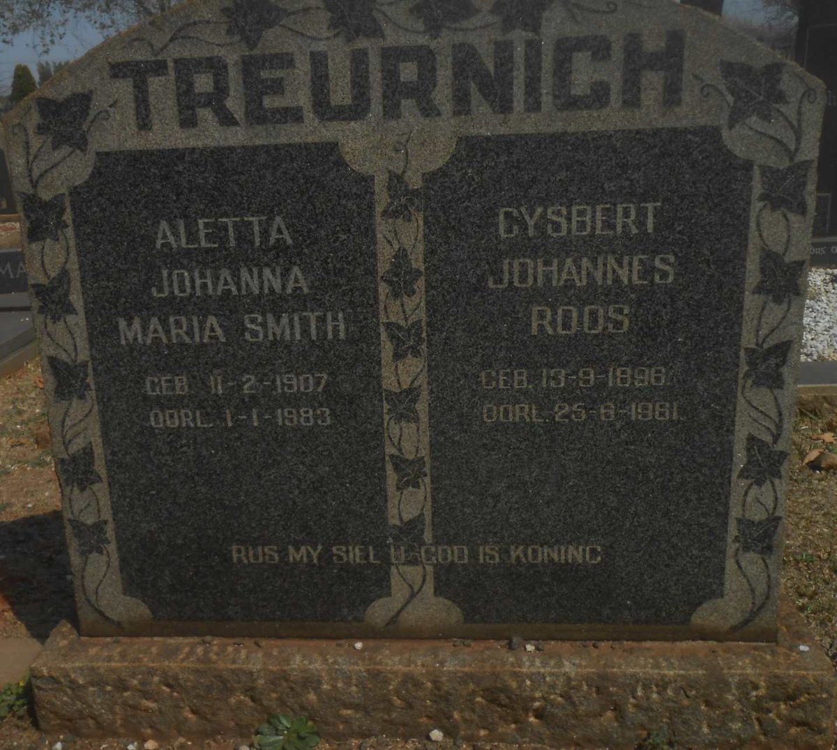 TREURNICH Gysbert Johannes Roos 1896-1961 &amp; Aletta Johanna Maria Smith 1907-1983