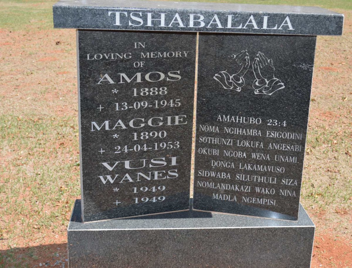 TSHABALALA Amos 1888-1945 &amp; Maggie 1890-1953 :: TSHABALALA Vusi Wanes 1949-1949
