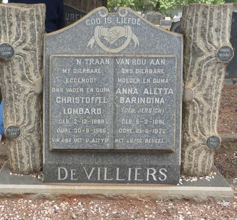 VILLIERS Christoffel Lombard, de 1888-1955 &amp; Anna Aletta Barindina JERSICH 1891-1972