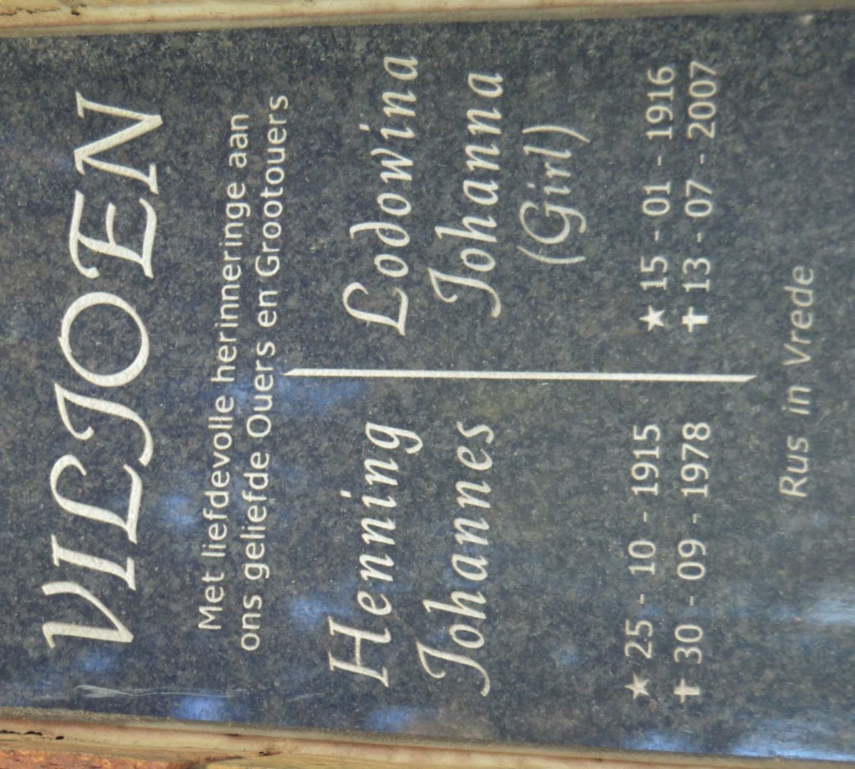 VILJOEN Henning Johannes 1915-1978 &amp; Lodowina Johanna 1916-2007