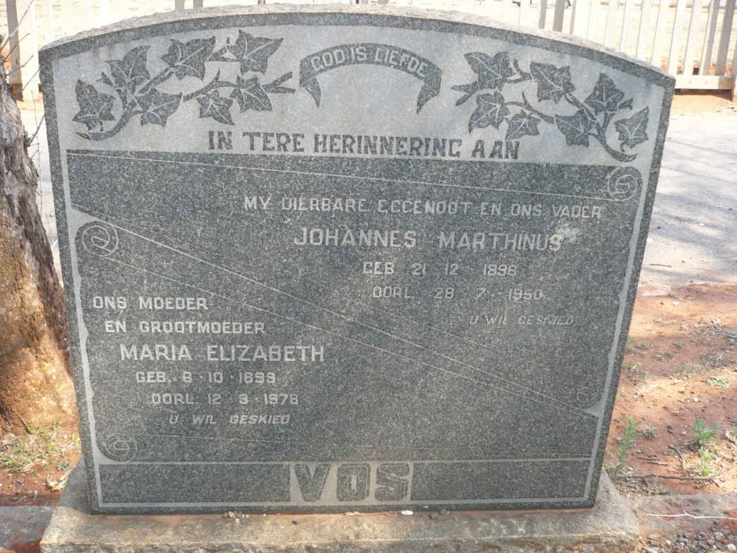 VOS Johannes Marthinus 1898-1950 &amp; Maria Elizabeth 1899-1978