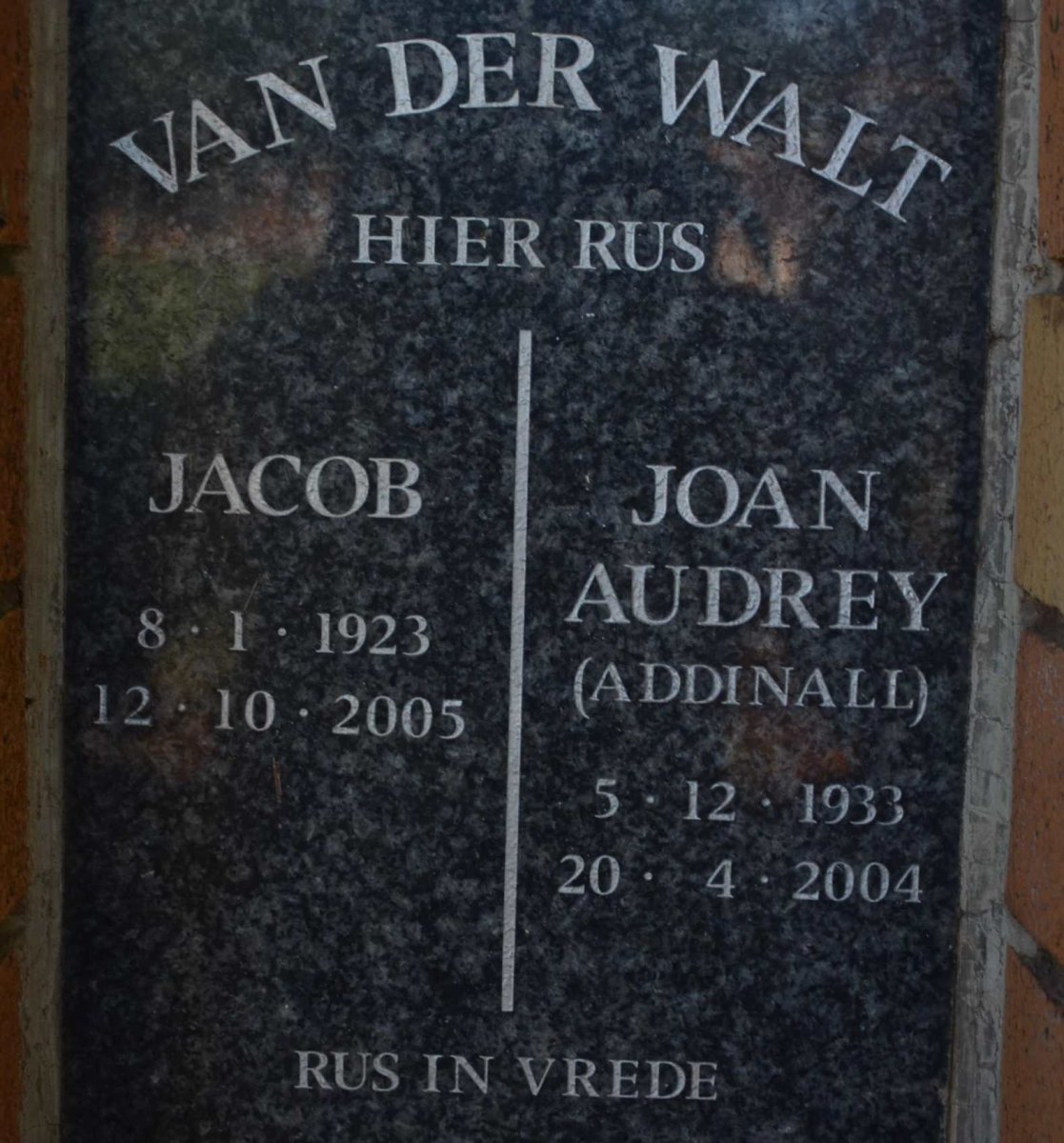 WALT Jacob, van der 1923-2005 &amp; Joan Audrey ADDINALL 1933-2004