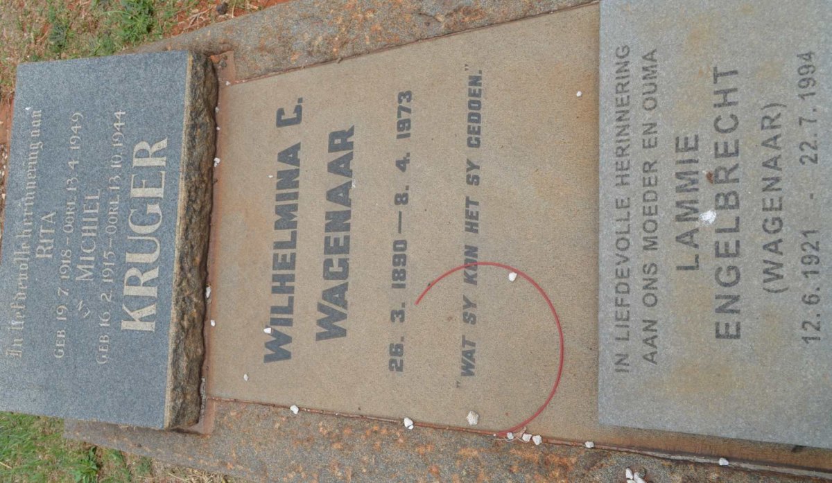WAGENAAR Wilhelmina C. 1890-1973 :: KRUGER Michiel 1915-1944 &amp; Rita 1918-1949 :: ENGELBRECHT Lammie nee WAGENAAR 1921-1994