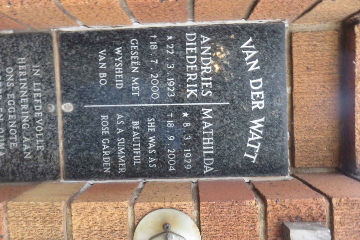 WALT Andries Diederik, van der 1923-2000 &amp; Mathilda 1929-2004