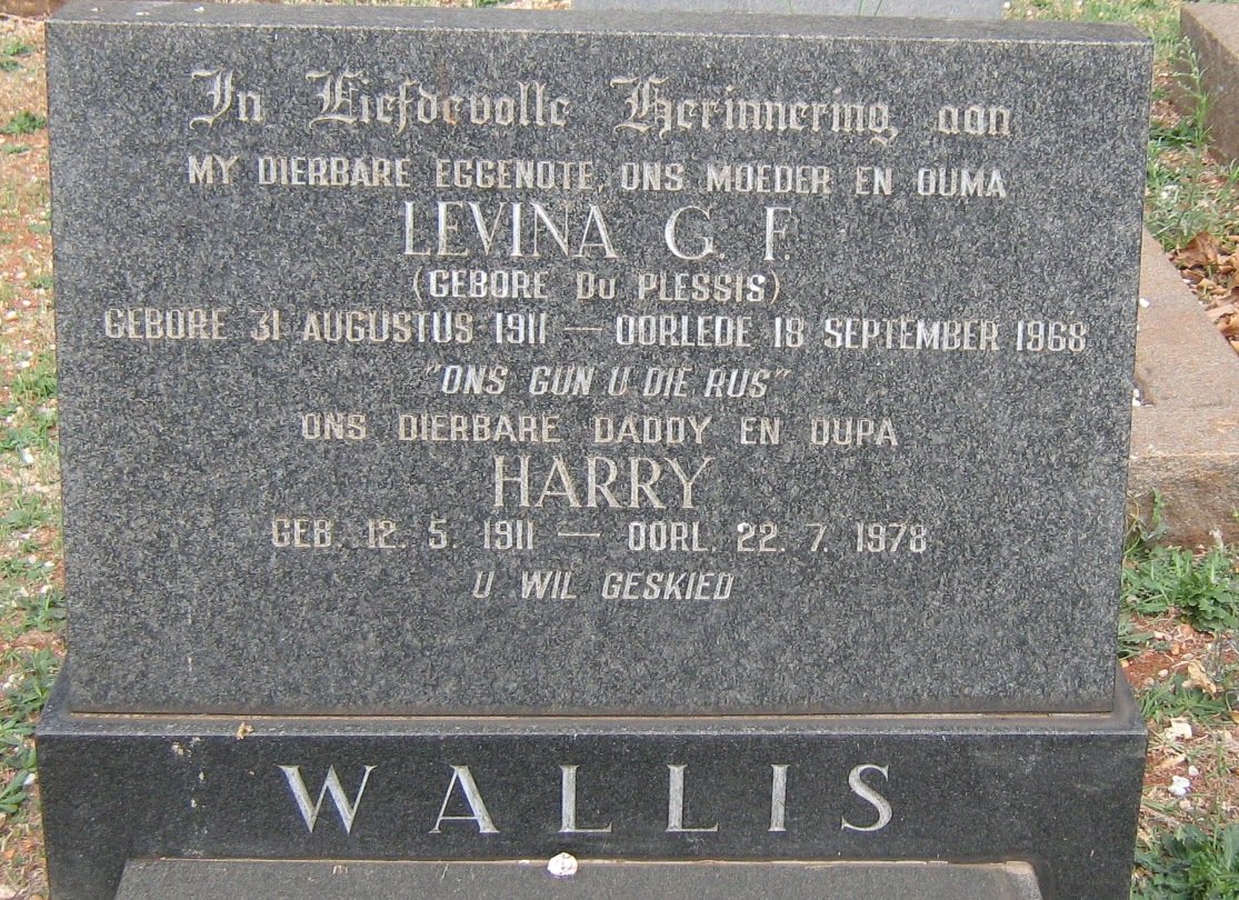 WALLIS Harry 1911-1978 &amp; Levina G.F. DU PLESSIS 1911-1968