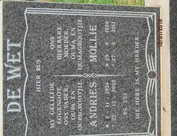 WET Andries, de 1924-2002 &amp; Mollie 1920-2011