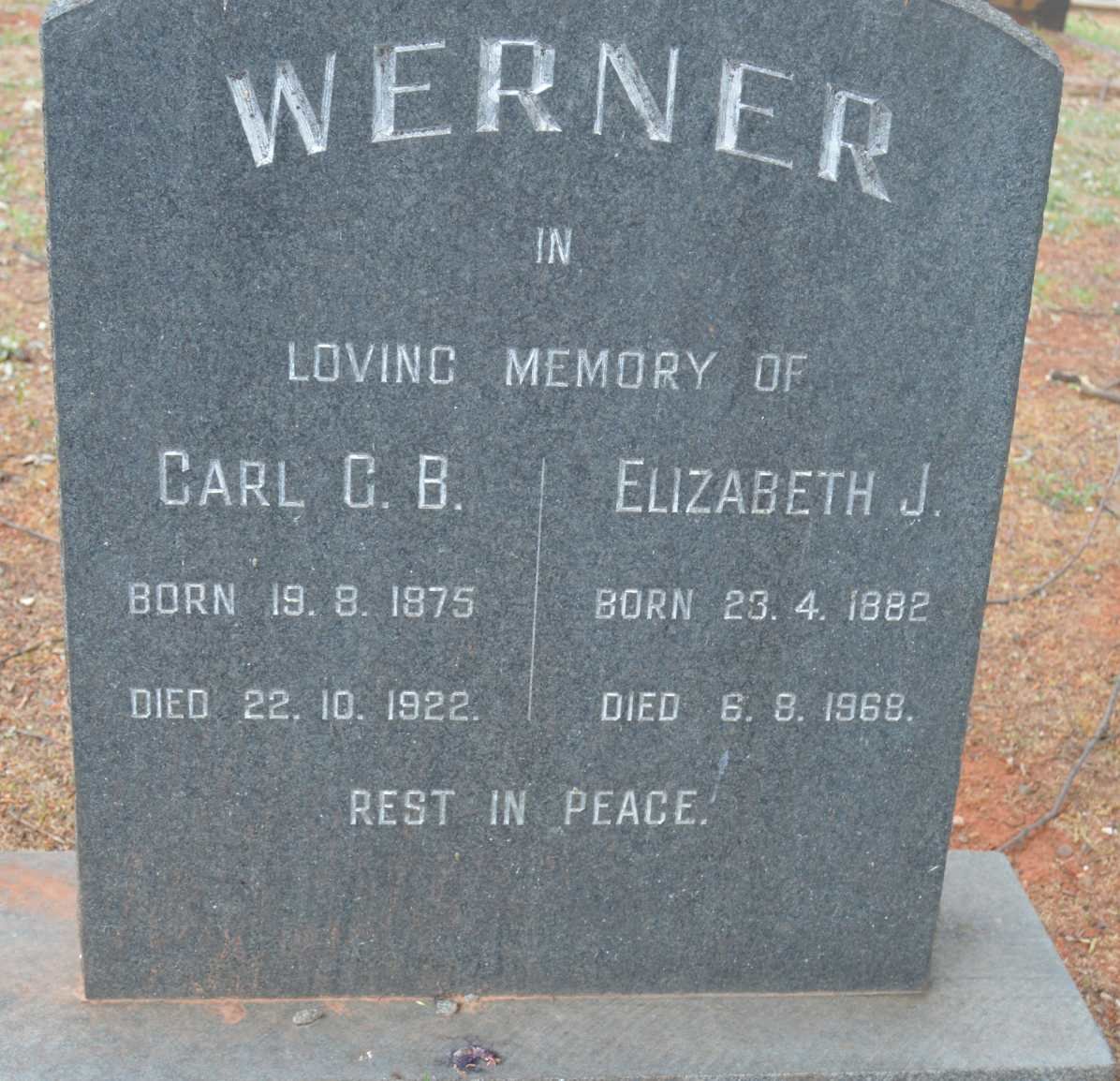 WERNER Carl G.B. 1875-1922 &amp; Elizabeth J. 1882-1968