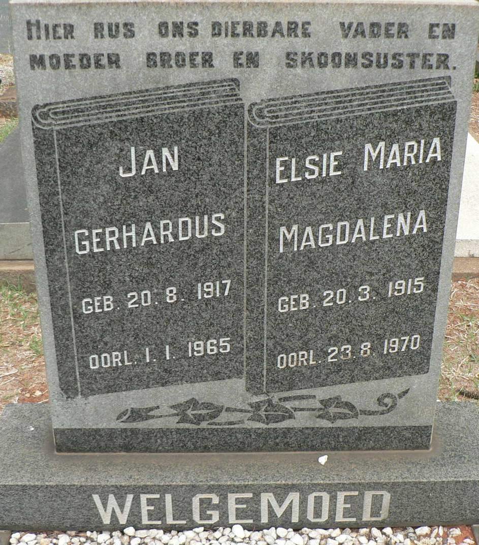 WELGEMOED Jan Gerhardus 1917-1965 &amp; Elsie Maria Magdalena 1915-1970