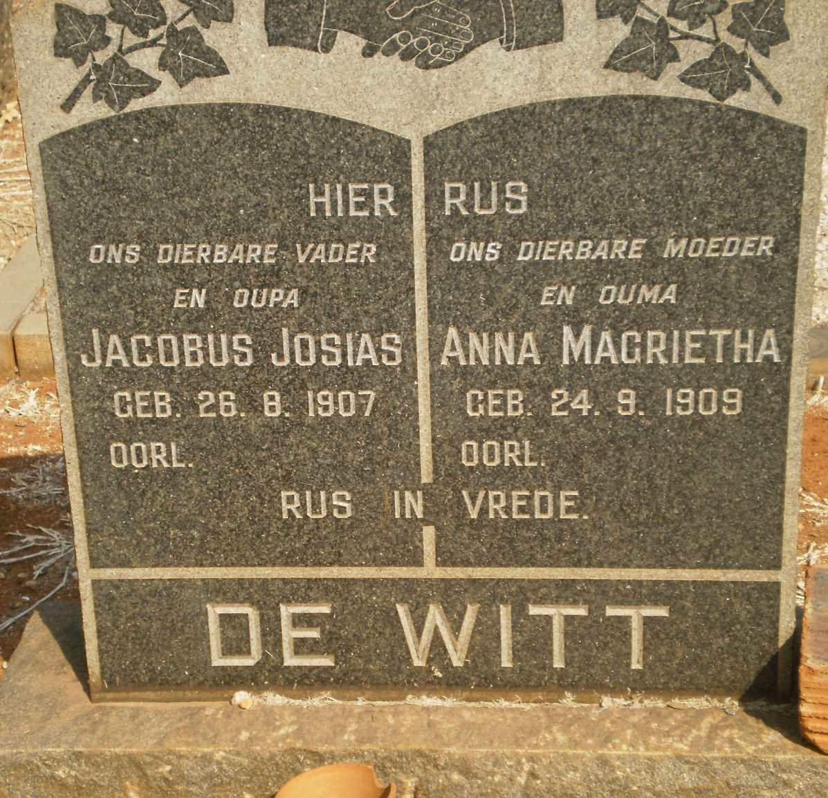 WITT Jacobus Josias, de 1907-  &amp; Anna Magrietha 1909-
