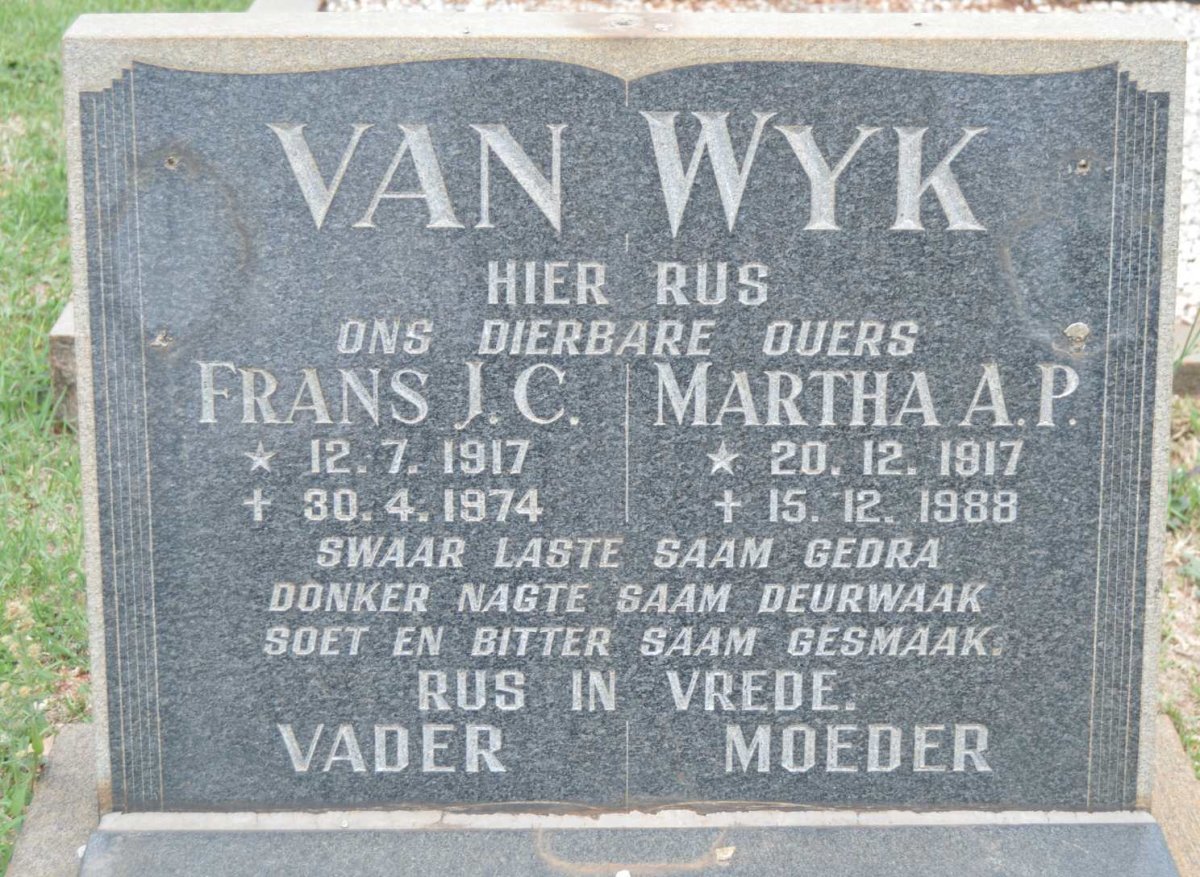 WYK Frans J.C., van 1917-1974 &amp; Martha A.P. 1917-1988