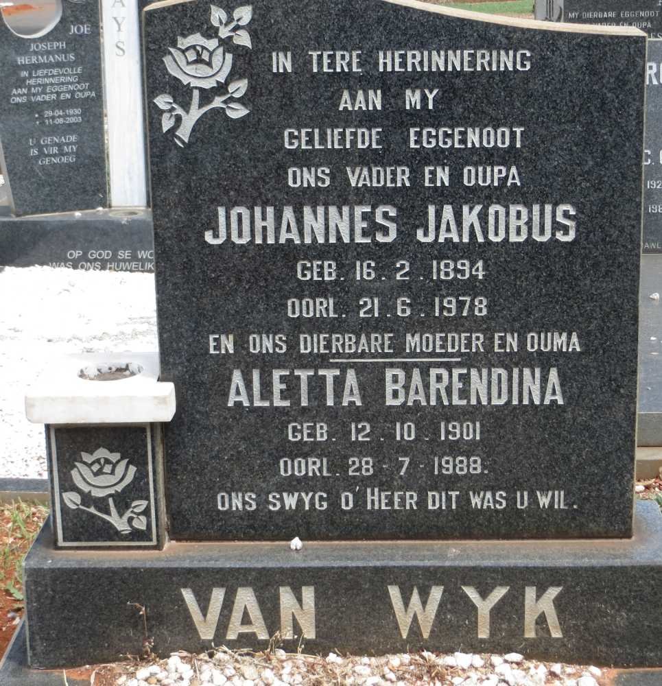 WYK Johannes Jakobus, van 1894-1978 &amp; Aletta Barendina 1901-1988