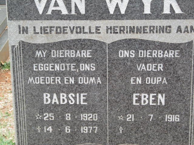 WYK Eben, van 1916 &amp; Babsie 1920-1977