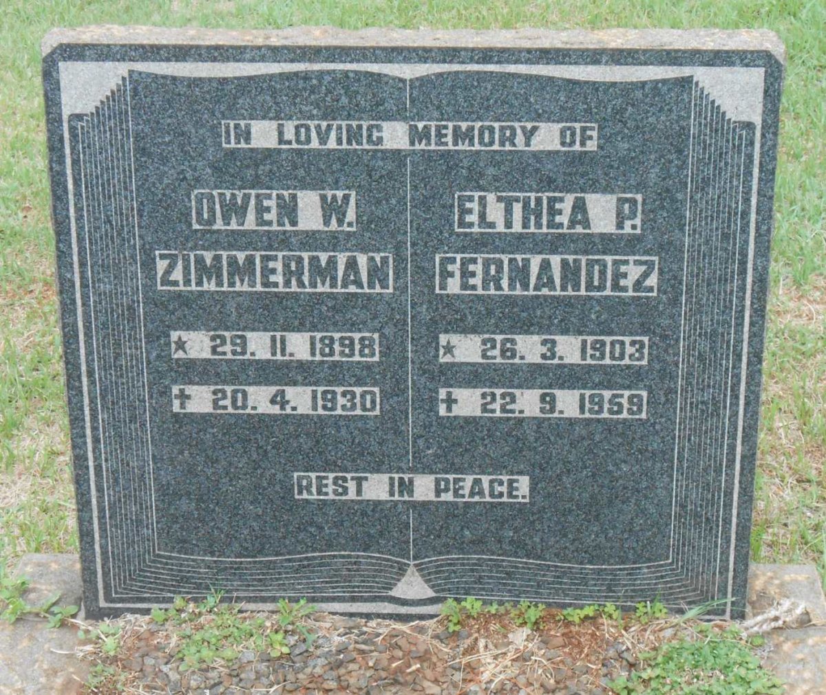 ZIMMERMAN Owen W. 1898-1930 &amp; Elthea P. Fernandez 1903-1959