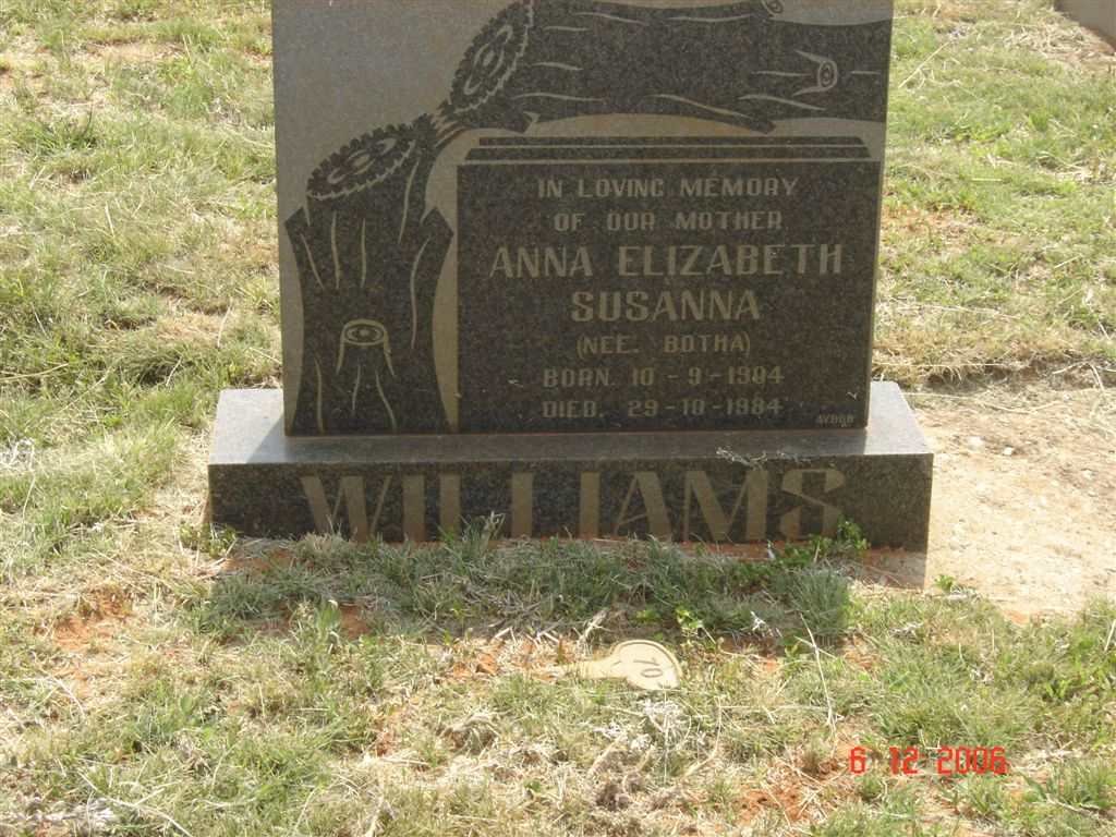 WILLIAMS Anna Elizabeth Susanna nee BOTHA 1904-1984