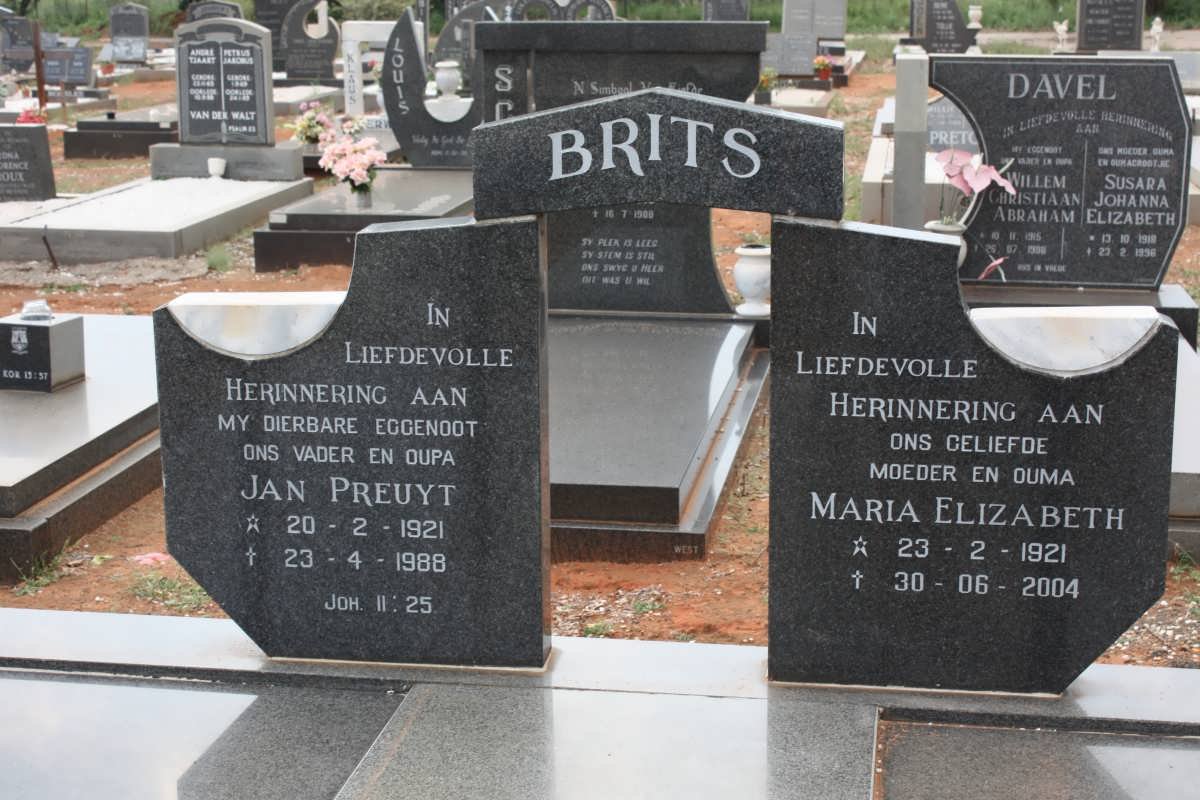 BRITS Jan Preuyt 1921-1988 &amp; Maria Elizabeth 1921-2004