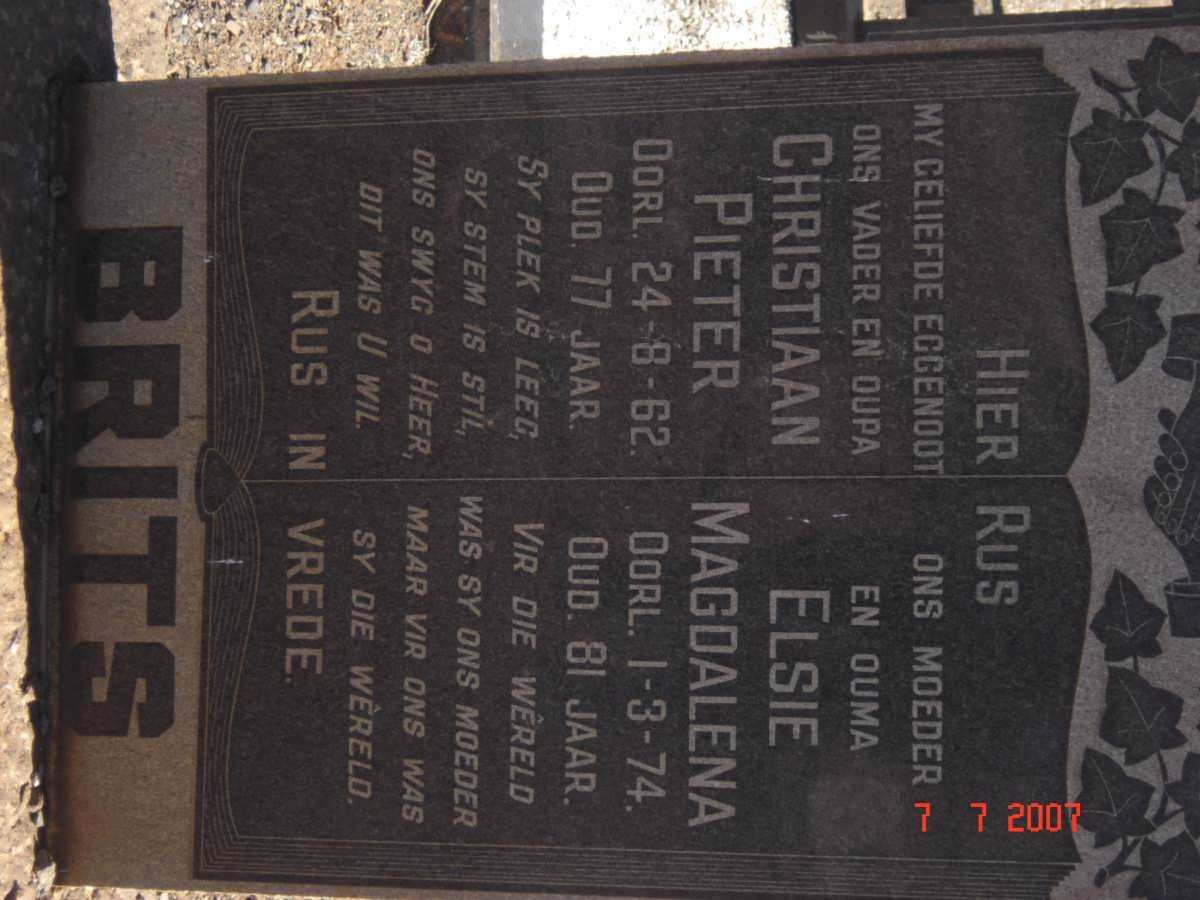 BRITS Christiaan Pieter -1962 &amp; Elsie Magdalena -1974