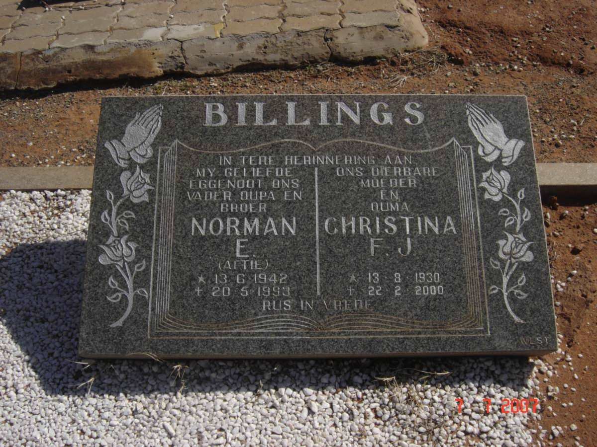 BILLINGS Norman E. 1942-1993 &amp; Christina F.J. 1930-2000