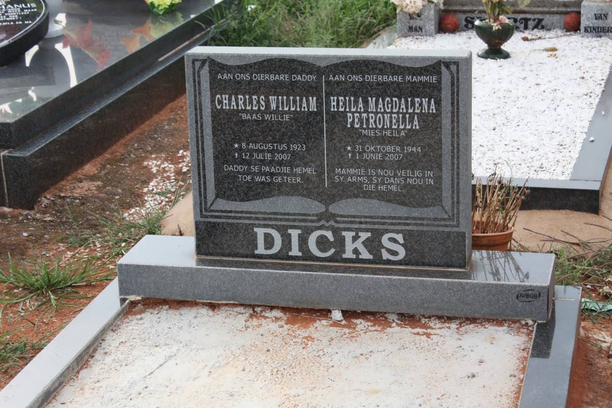 DICKS Charles William 1923-2002 &amp; Heila Magdalena Petronella 1944-2007