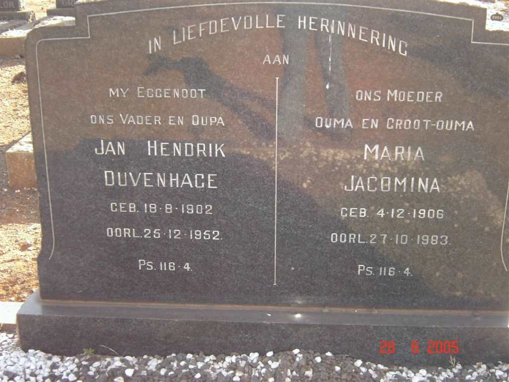 DUVENHAGE Jan Hendrik 1902-1952 &amp; Maria Jacomina 1906-1983