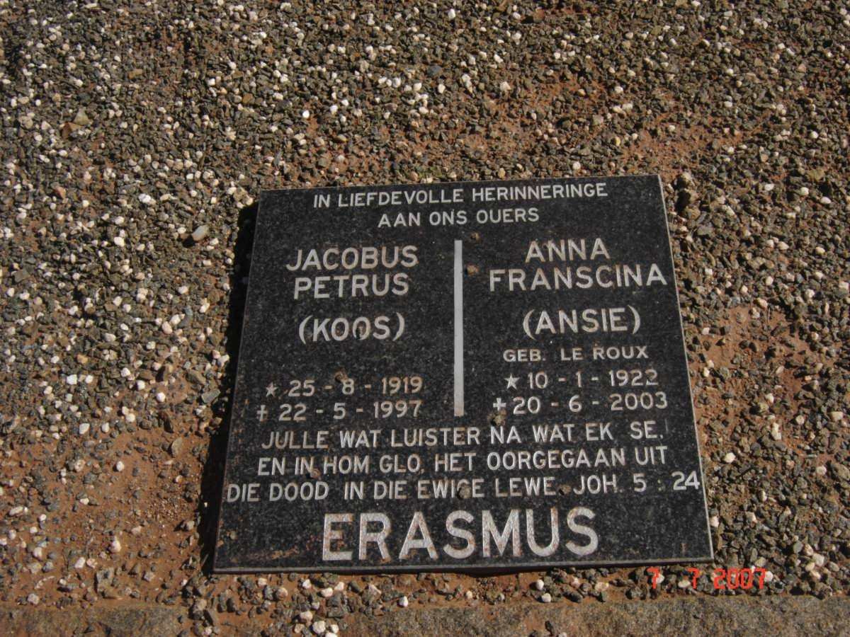 ERASMUS Jacobus Petrus 1919-1997 &amp; Anna Franscina LE ROUX 1922-2003